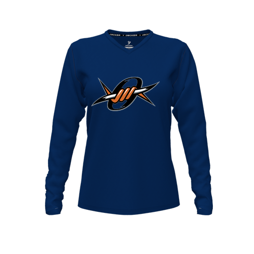 [CUS-DFW-TEES-CMF-VNK-LSL-NVY-FYXS-LOGO1] Decker Comfort T-Shirt (Female Youth XS, Navy, V Neck, Logo 1, Long Sleeve)