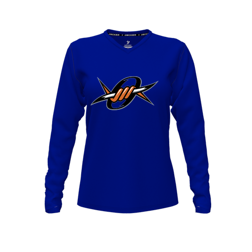 [FTLVCFRY-FYXS-LOGO1] Decker Comfort T-Shirt (Female Youth XS, Royal, V Neck, Logo 1, Long Sleeve)