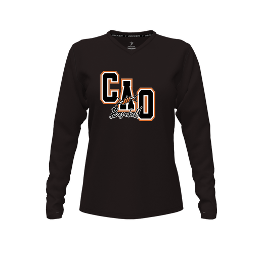 [CUS-DFW-TEES-PER-VNK-LSL-BLK-FYXS-LOGO3] Decker Performance T-Shirt (Female Youth XS, Black, V Neck, Logo 3, Long Sleeve)