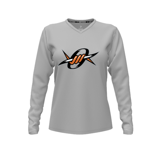 [CUS-DFW-TEES-PER-VNK-LSL-GRY-FYXS-LOGO1] Decker Performance T-Shirt (Female Youth XS, Gray, V Neck, Logo 1, Long Sleeve)